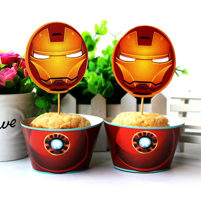 

24pc/set Hot Sale Iron man paper cupcake wrappers and toppers for kids birthday party decoration cakecup picks toppers cake tool