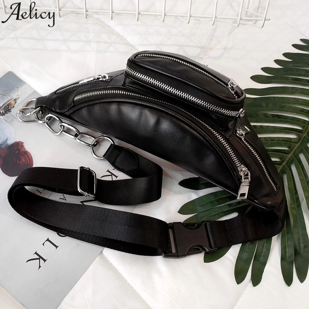 Aelicy Fashion Waist Bags Unisex Solid new Pack Female Chains Bag Black Hobos Shape Pu Leather Waist Packs Chest Phone Pouch