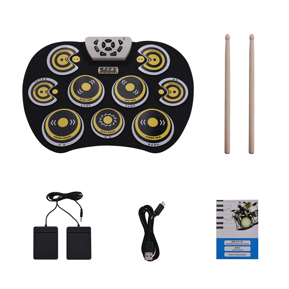 

USB Cable Foldable Roll Up Digital Drum Set Electronic Drum Pad with Drumsticks Double Foot Pedals Percussion Instrument
