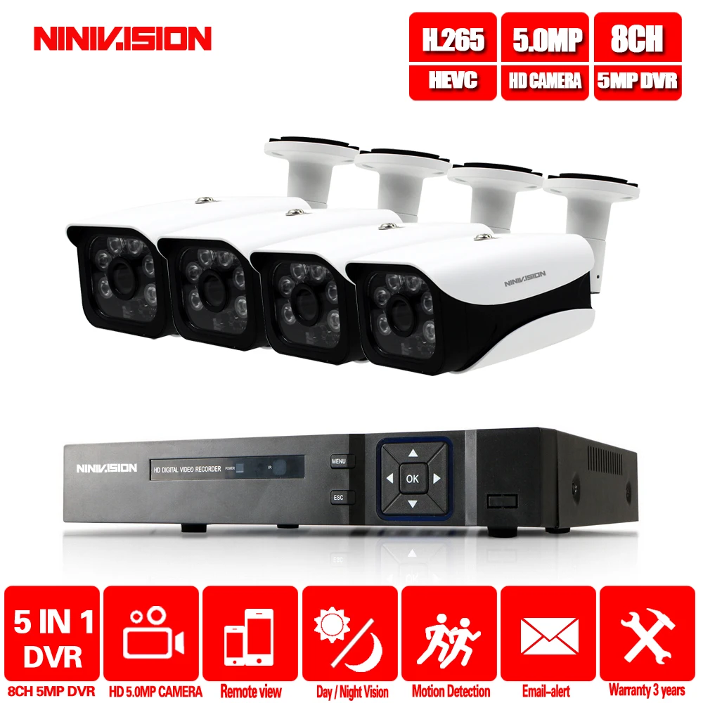 NINIVISION HD 5MP H.265 видеонаблюдение 4 камеры s камера безопасности Набор для видеонаблюдения HD 5MP Крытая уличная камера безопасности Система