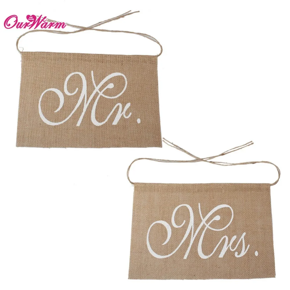 OurWarm Khaki Mr& Mrs Burlap Chair Banner Set Chair Sign Garland Rustic Wedding Party Decoration 30 x 20cm