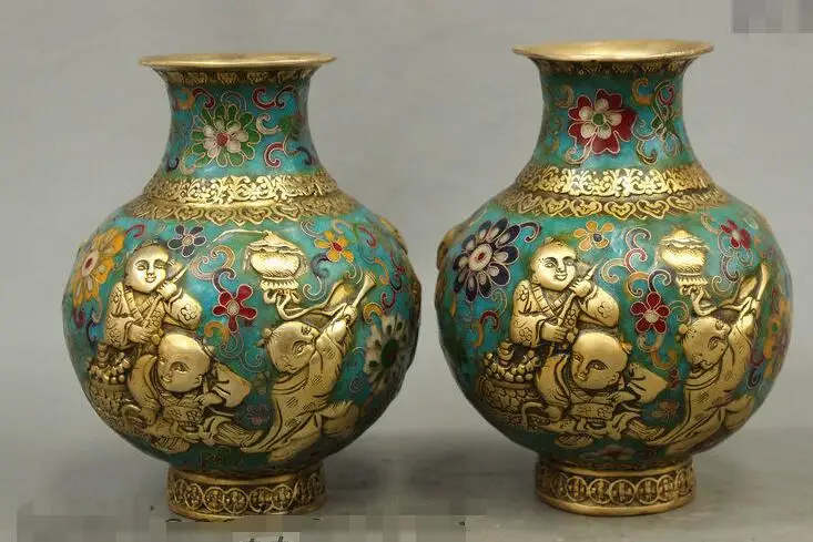 

wan67104089+++7" China Bronze Cloisonne Enamel 5 Kid Child Treasure Bowl Statue Pot Vase Pair