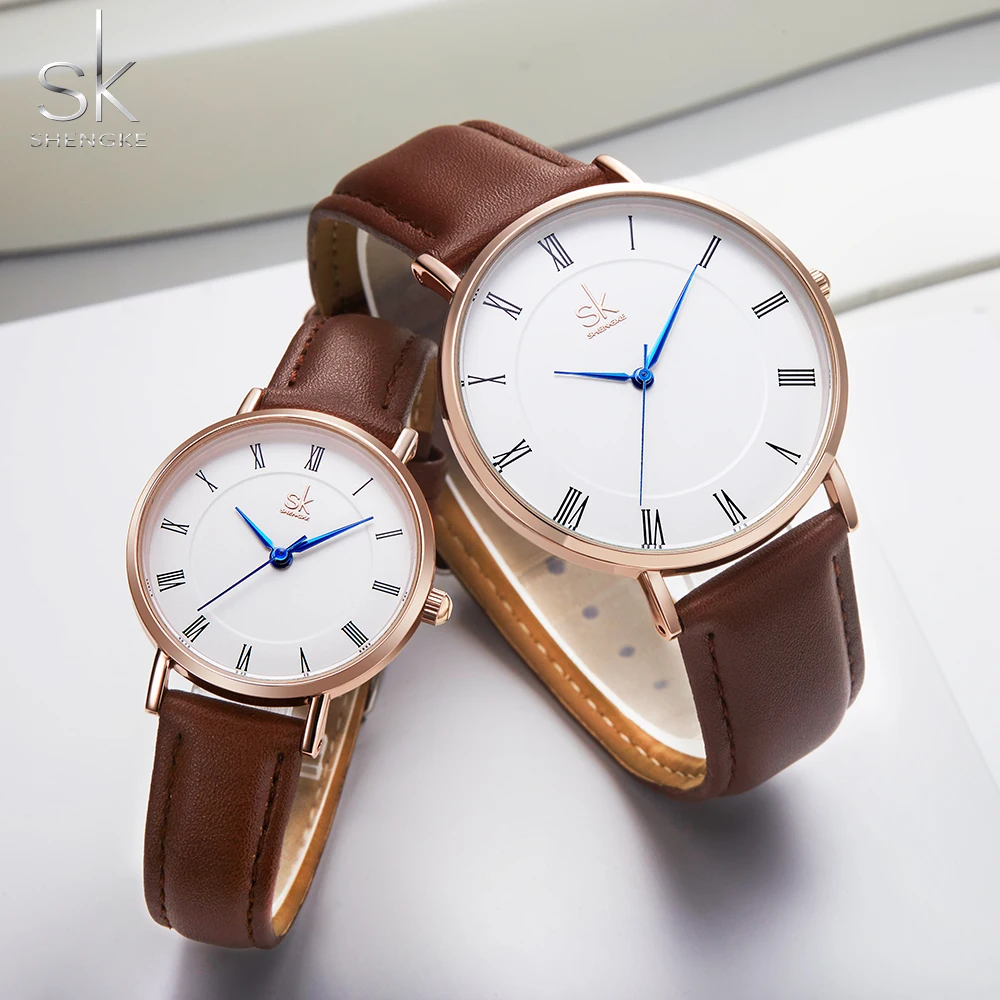 Relógio de Pulso de Quartzo para Homem e Mulher Pulseira de Couro Relojes para Mujer Shengke Amantes Relógios Conjunto Amado Simples Marrom Saat 2020