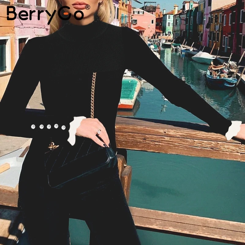 

BerryGo Black ruffled women knitted sweater Long sleeve striped button female pullover jumper Turtle neck office ladies sweaters