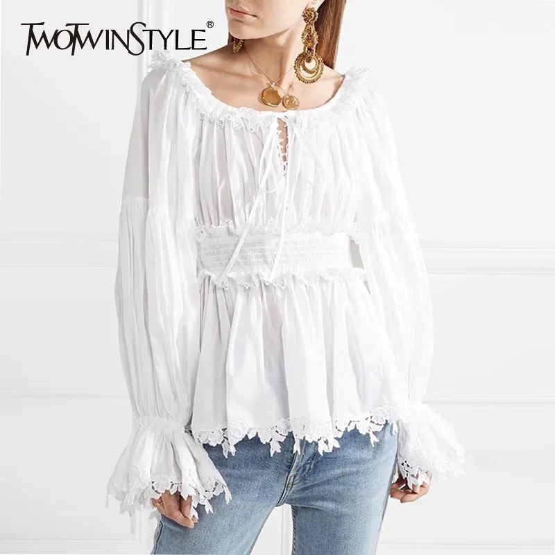 Twotwinstyle Summer White Hollow Out Blouse For Women Slash Neck Flare Sleeve Tunic Shirt Top