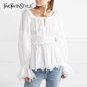 

TWOTWINSTYLE Summer White Hollow Out Blouse For Women Slash Neck Flare Sleeve Tunic Shirt Top Female Fashion 2020 Elegant New