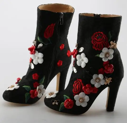 41 Super Blumen Spitze Zehen Picture Damen Chunky Stickerei Appliques As Hot Multicolor Herbst Frauen Stiefeletten Größe Stiefel Ferse USqZZd