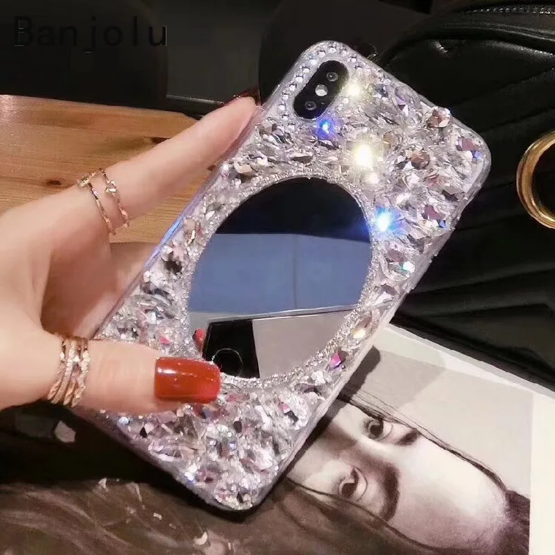 Banjolu модные телефон Стразы чехол для iPhone X XR XS MAX 8 7 6 6s плюс зеркало макияжа девушка