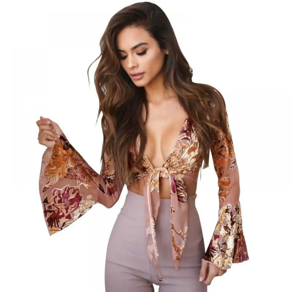 

V Deep Arrival Summer Women Shirts Top Floral Fashion T New Tees Shirt Sexy Long Sleeve Female Bandage Print