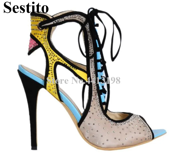 

European Rhinestone Bling Peep Toe Hollow Cross-tied Lace-Up Short Boots Stiletto Heel Ankle Sandals Boots Casual Women's Shoes