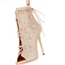 Шампанское/серебристый цвета весна-осень на шнуровке с открытым носком женские ботильоны супер Обувь на высоком каблуке кристаллы очаровательные короткие сапоги 35-42