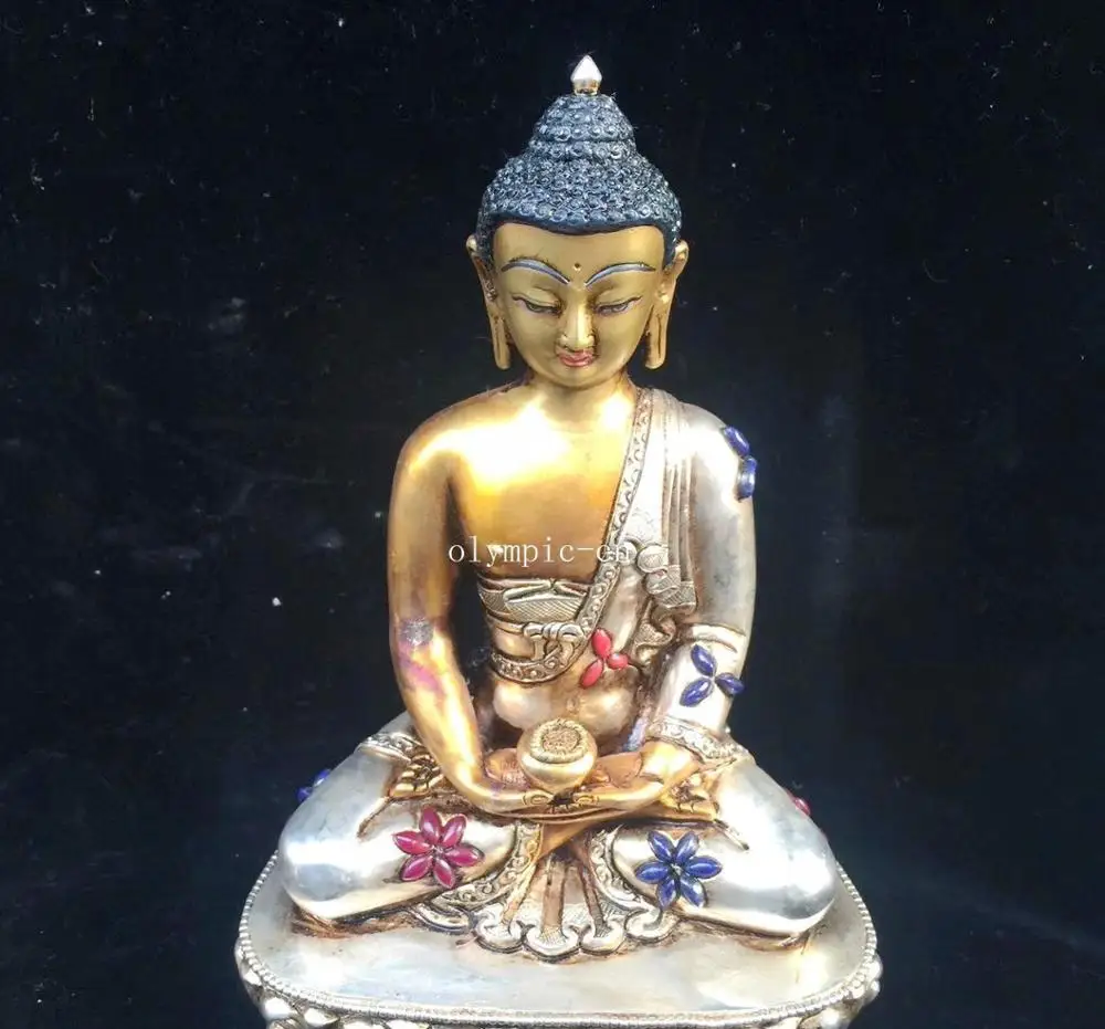 

8''Nepal silver Gold inlay gemstone red coral Turquoise Sakyamuni buddha statue