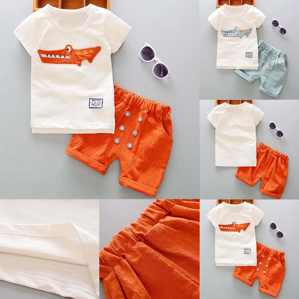 

Kids Clothes Set Baby Boys Cotton Casual Outfits Cartoon Print Short Sleeve T-shirt Tops Shorts Solid Pants Set Toddler Clothes