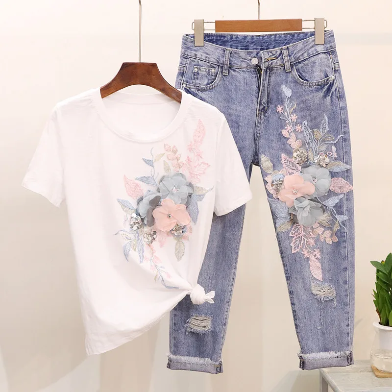 LUOSHA, женский костюм, весна-лето, футболка с коротким рукавом+ джинсы, с вышивкой, 3D цветы, с дырками, стильный комплект из джинсовых штанов - Цвет: white