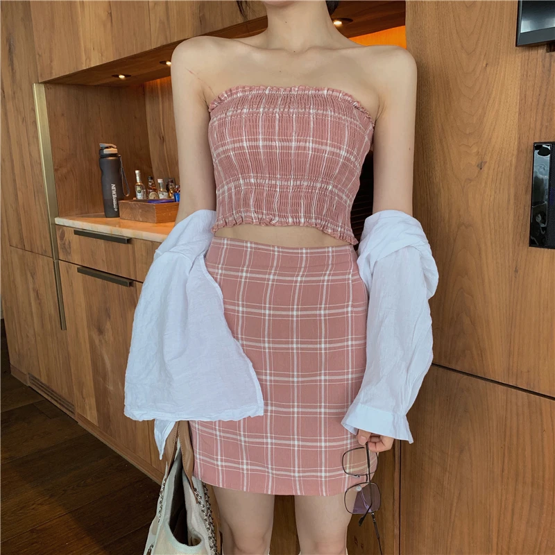 

2 Piece Skirt Set Pink Outfit Matching Sets Plaid Print Shirred Crop Top And Skirt Set Summer Beach Two Piece Set Women Set