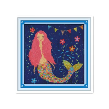 

Watercolor Oil Painting Mermaid Manual Embroidery Stitch Kit Mermaid Decoration Accessories DMC Embroidered Line Drawing