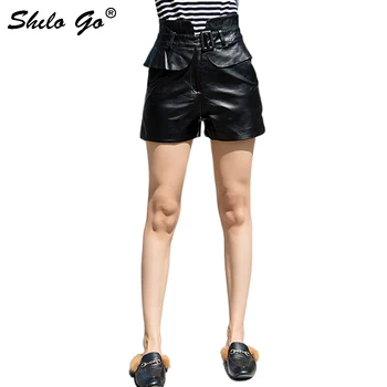 

Streetwear Leather Shorts Women Casual Ruffles Belt High Waist Sheepskin Genuine Leather Straight Shorts Loose Female Hot Shorts