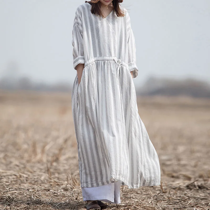 

SCUWLINEN 2019 Spring Summer Dress V-neck Vintage Stripes Waist Drawstring Long Linen Cotton Dress Casual Women Dress VestidoW33