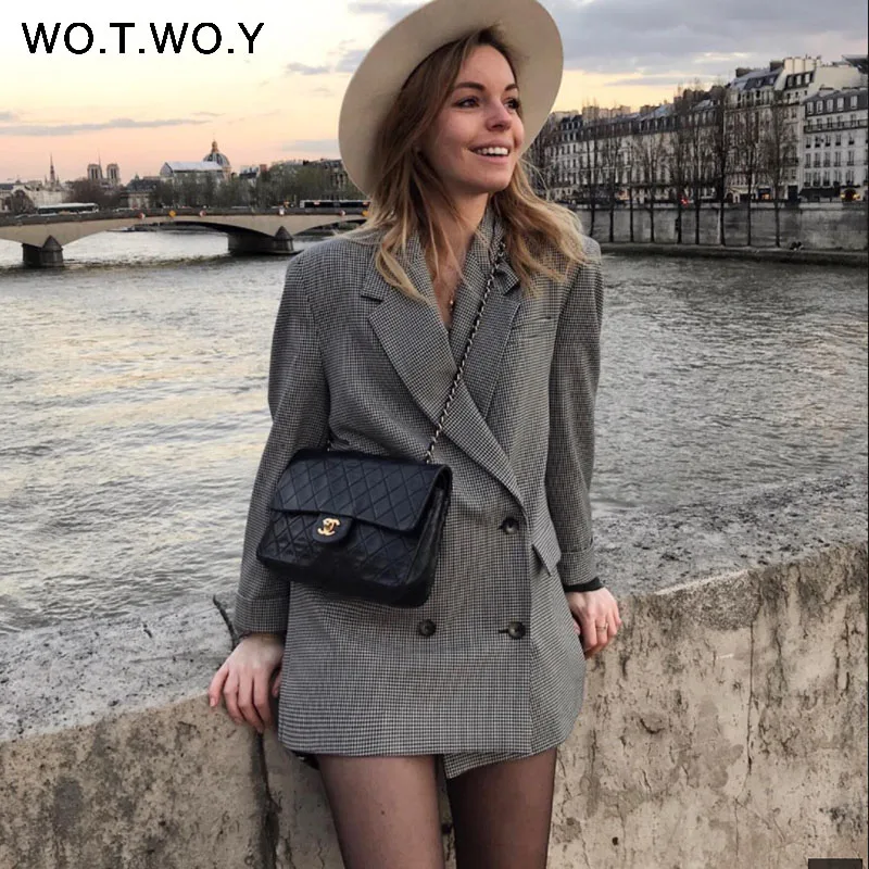 2019 Fashion Autumn Gray Plaid Blazer Women Double Breasted Pocket Suit Blazer Office Lady Long Loose Jackets Feminino Outerwear