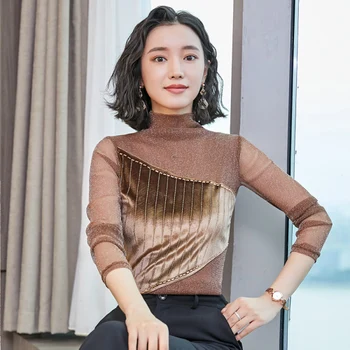 

Autumn New Vogue Velvet Patchwork Women's Shirt Camisas Mujer Ladies Tops Tunique Femme Stylish Blusas Feminina Chemise Femme
