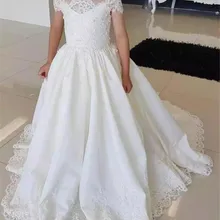 Новинка; белое платье с открытыми плечами и цветочным узором для девочек; Свадебное кружево Аппликация со шлейфом; реальное изображение