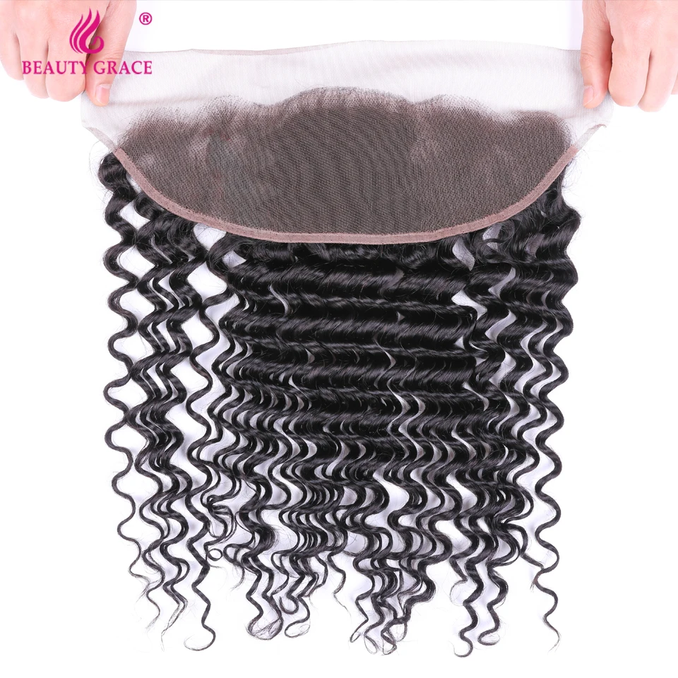 Brazilian Deep Wave Frontal With Baby Hair Free Part Remy Human Hair Ear To Ear Pre Plucked Lace Frontals Closure Beauty Grace