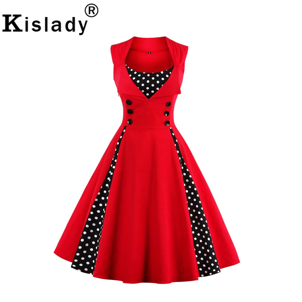 1950s летнее женское винтажное платье в горошек с v-образным вырезом из кусков сексуальное ТРАПЕЦИЕВИДНОЕ ПЛАТЬЕ НА ПУГОВИЦАХ рокабилли красное свободное платье De Fiesta
