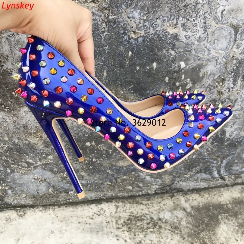 

Colorful Studded Pointed Toe Shoes Sexy 12CM Heels Wedding Shoes Women Pumps Rivets Spikes Patent Leather High Heel Shoes