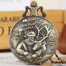 Бронзовые рождественские кварцевые карманные часы Санта Клаус Лось дисплей ретро кулон часы Подарки для мужчин женщин дети ожерелье цепь