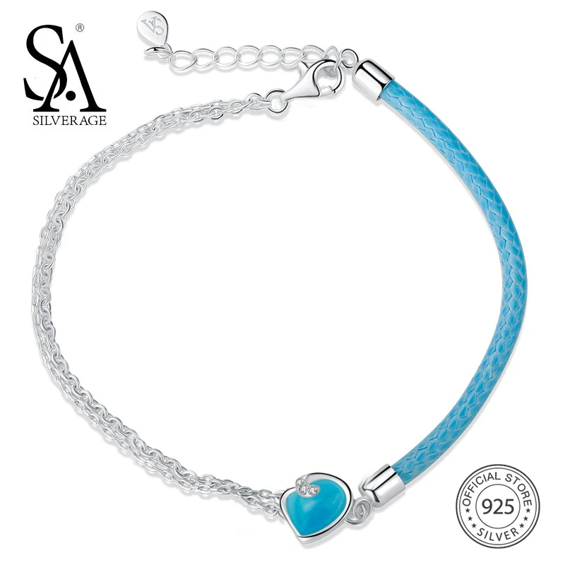 

SILVERAGE Real 925 Sterling Silver Maldives Blue Heart Bracelet Two-Tone Chain Adjustable Fine Jewelry Women 2016 New Summer