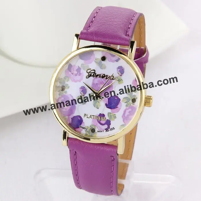 

100pc/lot New Violet Rose Flower Geneva Leather Watch Women Romantic Love Floral Dress Watches Fashion Girls Wrist Watches