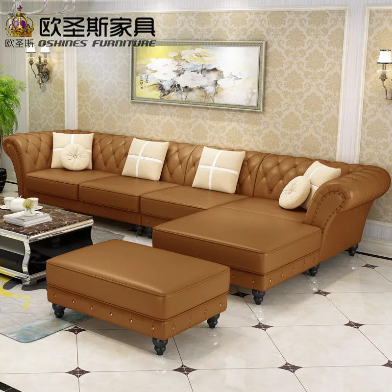 factory wholesale champagne l shaped corner sectional royal classical italian genuine leather sofa set with ottoman chair W38L factory wholesale champagne l shaped corner sectional royal classical italian genuine leather sofa set with ottoman chair W38L