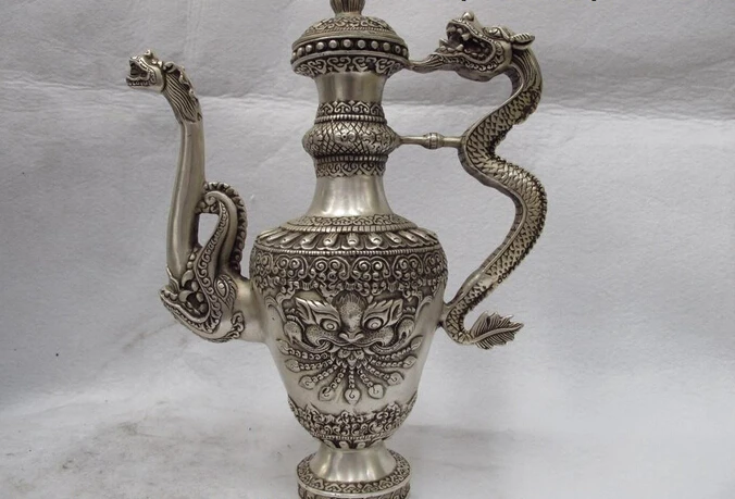 

Collectible bronze lion statue S0640 Tibet Folk white Copper Bronze Silver Beast Dragon Teapot Kettle Flagon wine pot (B0413)