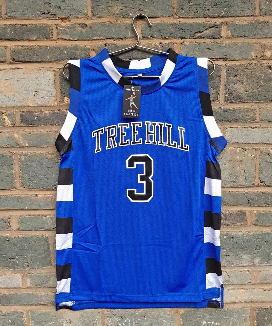 Image New Model LIANZEXIN #3 The film version of One Tree Hill Scott Need double stitched mesh basketball jersey Blue Color For Men