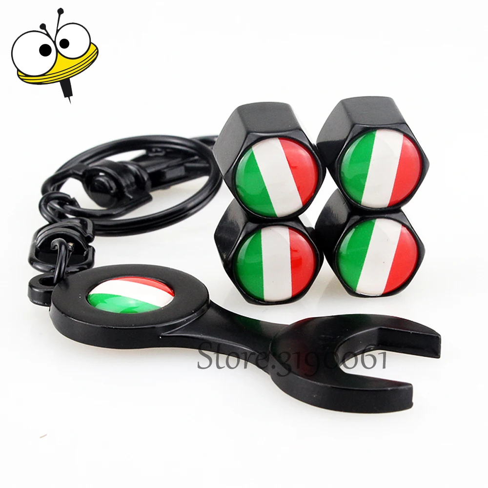 Car Tire Valve Stems Caps Wheel With Mini Wrench Keychain For Italy Flag Logo For font