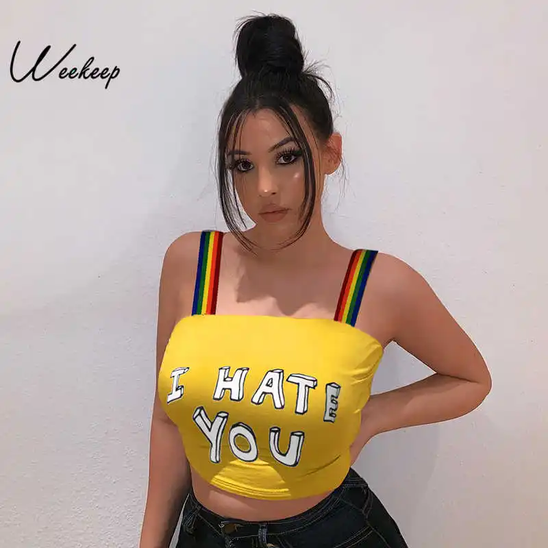 

Weekeep Bodycon Letter Print Tank Top Women Sexy Streetwear Knitted Crop Top 2019 Summer Yellow Crop Tops