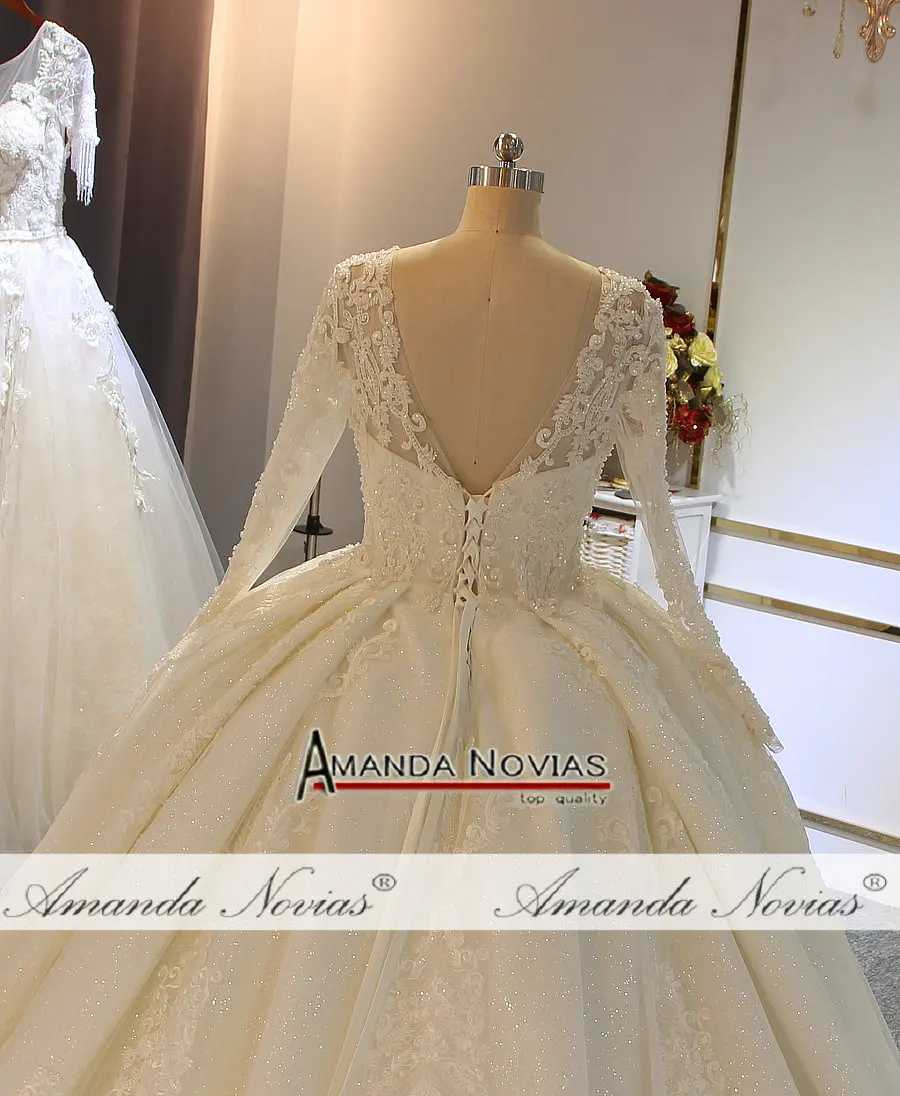 Потрясающее блестящее свадебное платье с бисером и длинными рукавами, свадебное Платье Аманда новиас