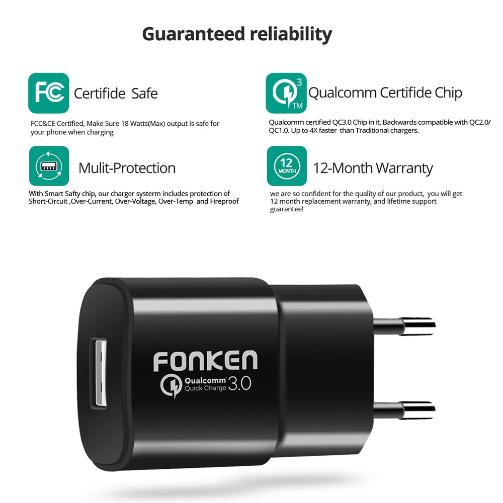 FONKEN Quick Charge 3,0 USB зарядное устройство Быстрая зарядка QC 3,0 2,0 18 Вт с быстрым зарядным кабелем настенный адаптер для мобильного телефона зарядное устройство s