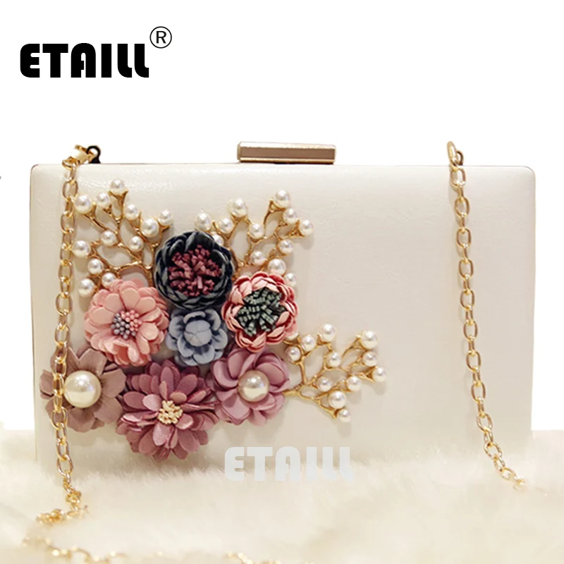 

ETAILL Floral Day Clutch Bag White Wedding Bags and Purses for Bride Evening Bag with Gold Chain Square Party Pearl Banquet Bag