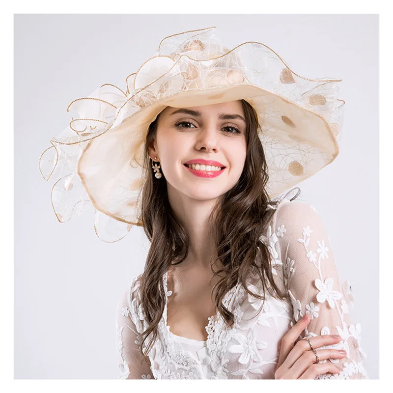 

Fashion Women Line Dots Kentucky Derby Church Mesh Hat With Big Bow Wide Brim Streak Cap Summer Beach Sunhat Wedding Party Hats