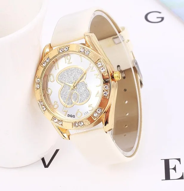 Kobiet Zegarka Топ бренд класса люкс медведь женские кварцевые часы Chasy кожаный ремешок Стразы платье женские часы Reloj Mujer - Цвет: Белый