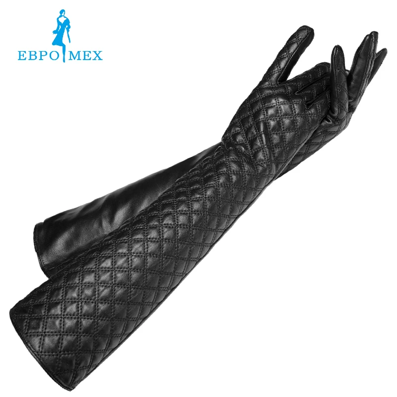  Fashion Style long leather gloves,goat skin,Adult,Genuine Leather,Warm lined,Black leather gloves,Women matte leather gloves