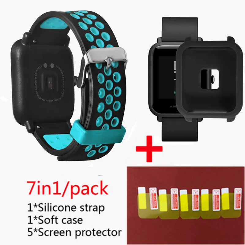 Для Xiaomi Huami Amazfit Bip Lightwei ремешок rhythm Lite young умные часы my braceket fit+ силиконовые полосы+ мягкий чехол+ 5 экранная пленка - Цвет: blue 2