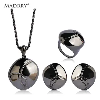 

Newest Retro Jewelry Sets Necklaces&Earrings&Rings Gun Black Plated Smooth Big Pendant Brincos Wide Anneaux Wedding Schmuck Sets