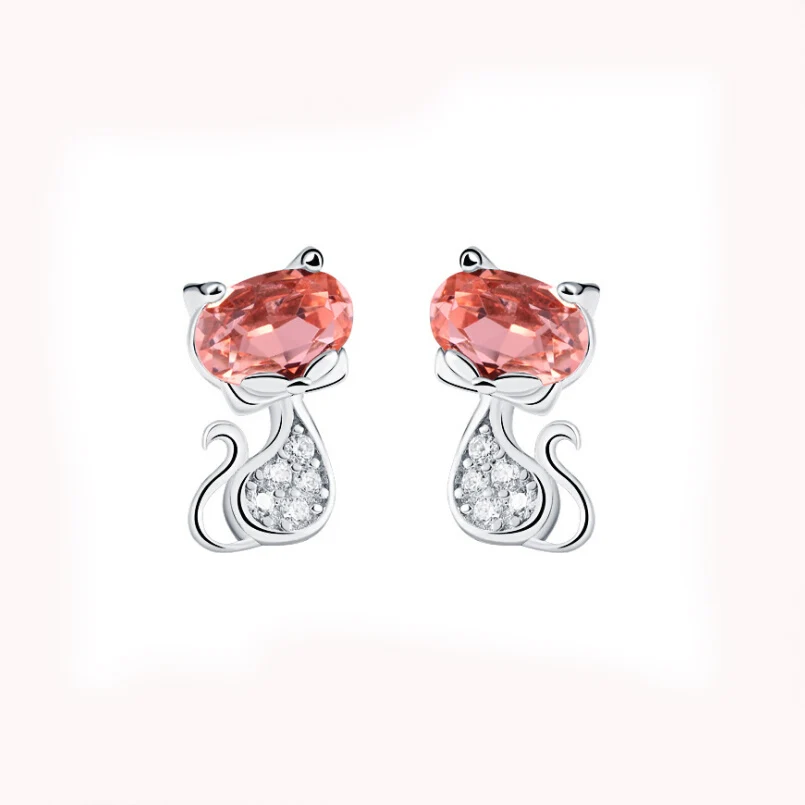 Cute cat silver material fashion women stud earring with red and yellow