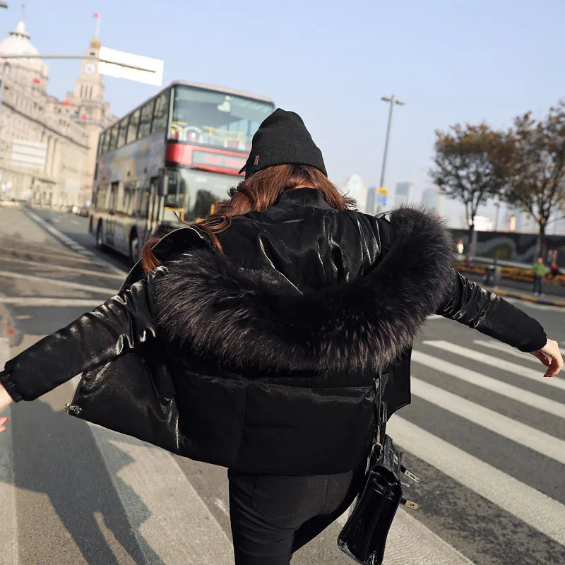 

Women 2017 Korea ladies fashion designer short duck down coat with large raccoon fur collar hood shiny flare jackets black blue