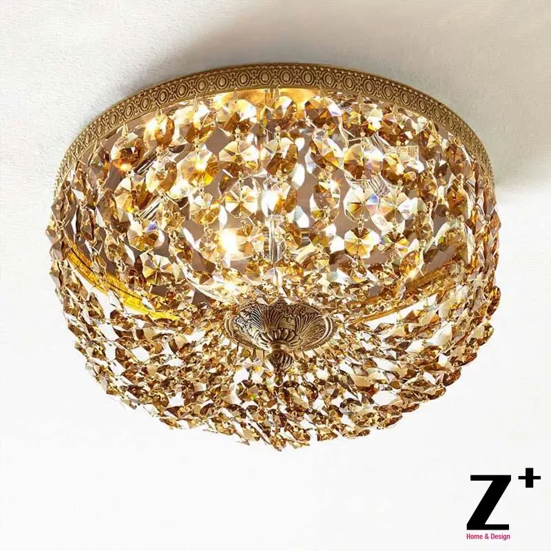 Led American Vintage Baroque Style Copper Material Amber color Crystal Lustre Ceiling Lamp Round | Лампы и освещение
