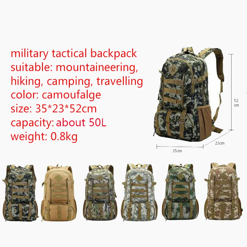  Bucbon Camo Tactical Backpack Military Army Mochila 50L Waterproof Hiking Hunting Backpack Tourist 