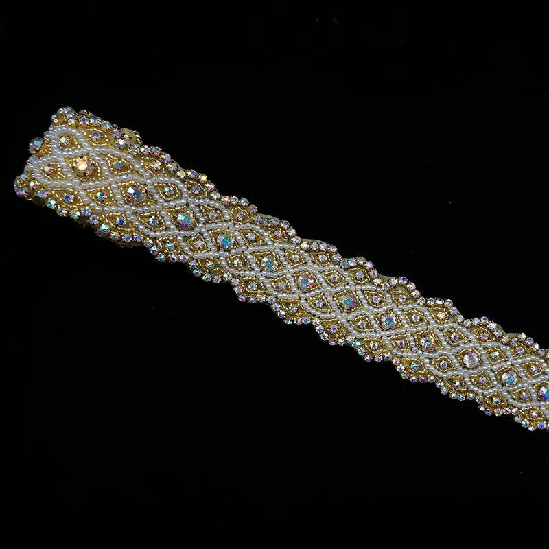 

Cusack Delicate Tape Gold Rhinestone Pearls Applique for Wedding Dresses Costume Hats Headbands Decor DIY Iron on 90.0 * 4.5 cm