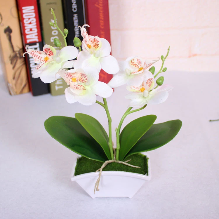 Искусственная Орхидея, Бабочка, цветок+ ваза, набор, настоящие сенсорные листья, искусственные растения, комбинезон, цветочный для свадебного подарка - Цвет: Белый